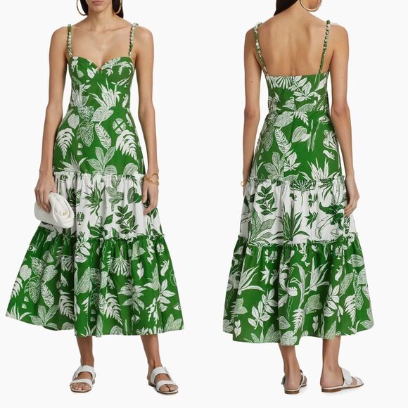 FARM Rio Dresses & Skirts - NWT Farm Rio Forest Soul Mix Bubbled Straps Tiered Midi Dress Green White Small